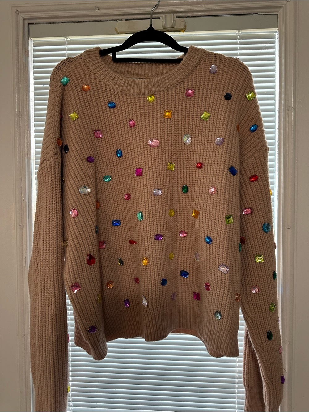 DAVI & DANI Beige Crewneck Sweater with Multicolored Gem Accents
